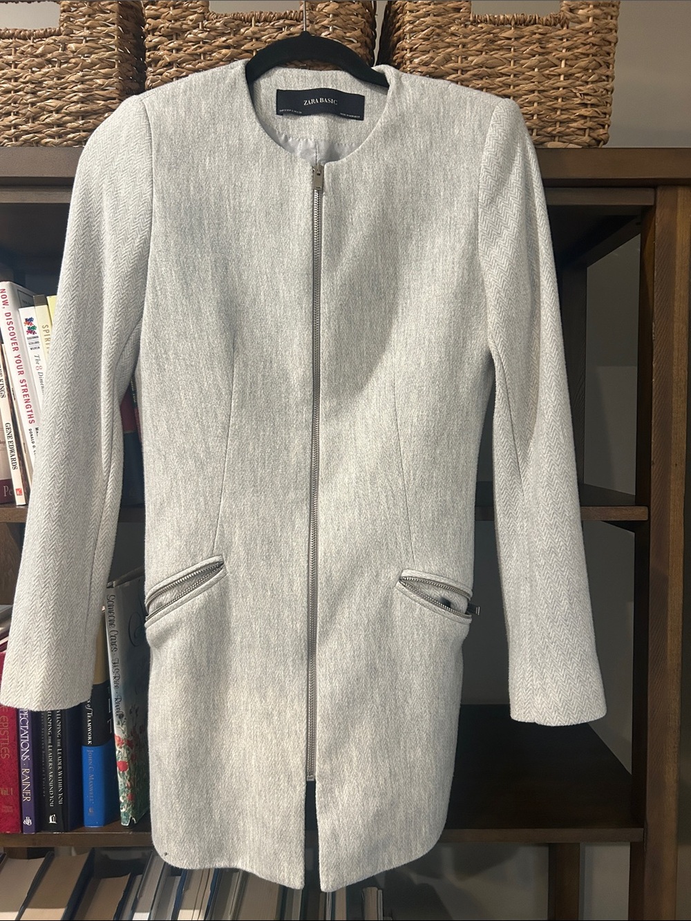 Zara Light Gray Zip-Front Long Coat